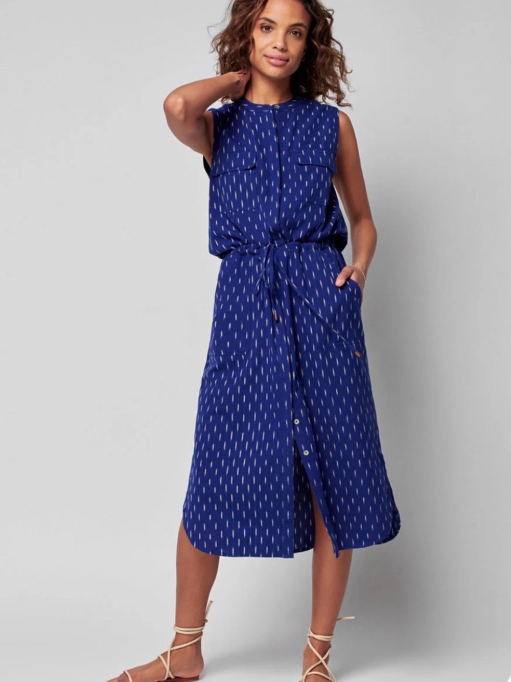 Faherty Navy Blue Sleeveless Midi Shirt Dress with Ivory Dash Print